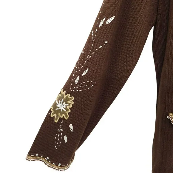 Sweater Sweater Embroidered Beaded Cowl Neck Cardigan Womens Size XL Brown NEW